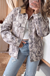 Gray Abstract Camo Print Colorblock Collar Oversized 100% Cotton Denim Jacket