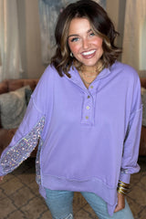 Sweat-shirt Henley lilas à paillettes et ourlet haut et bas