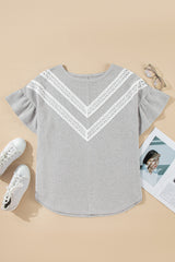 Light gray high with short sleeves and embossed ruffles with lace insert, large size