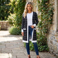 Cardigan open for black tiles with color block and pocket edges