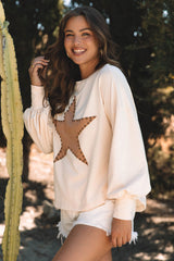 Apricot Studded Star Pattern Long Sleeve Oversized Top