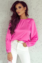 Chemisier rose à col rond et manches longues bouffantes en satin-A WOMAN WE LOVE