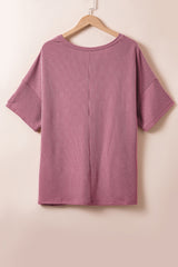 Rose - Textured V-Neck Drop Shoulder T-Shirt