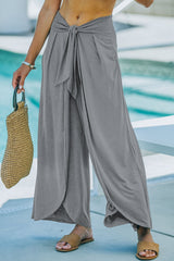 Pantalon décontracté gris moyen noué à taille basse et jambe fendue