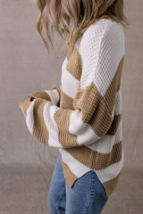 Light beige color block striped sweater with dropped shoulders and side slit