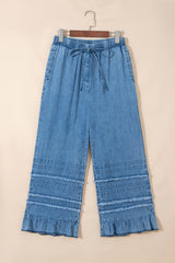 Pantalon large en chambray bleu crépuscule à ourlet volanté