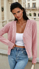 Cardigan boutonné en tricot texturé avec perles *