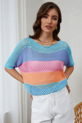 High-sleeved sleeve row knitted with sky blue eyelets