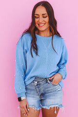 Sweatshirt with pearl sleeves and drooping shoulders, round neck