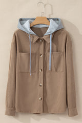 Pale khaki corduroy jacket with hood and drawstring pockets