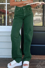 Jean droit vert à taille croisée et ourlet brut