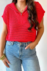 Pull ajouré à manches courtes et col zippé
