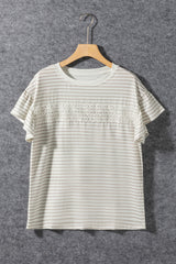 Flocked sleeve t-shirt in apricot striped lace