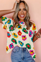 Camiseta de gran tamaño Apricot de leopardo impreso con hombros caídos