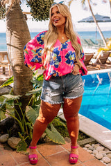 Chemisier à motif floral rose, col en V, manches ballon, grande taille-A WOMAN WE LOVE