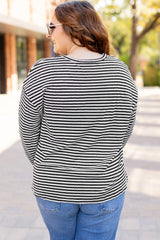 Black Striped Drop Shoulder T-Shirt, Long Puff Sleeves, Crew Neck, Plus Size