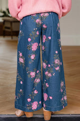 Jean large bleu fleuri à taille haute élastiquée, cordon et plis