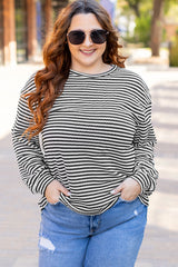 Black Striped Drop Shoulder T-Shirt, Long Puff Sleeves, Crew Neck, Plus Size