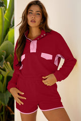 Tenue 2 pièces pull et short à demi-boutons en patchwork de blocs de couleurs Dahlia rouge