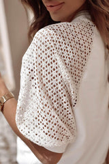 White t-shirt with mid-long sleeves and round lace neck