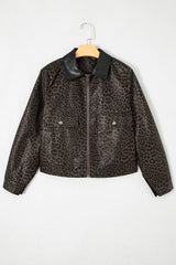 Veste noire en similicuir à imprimé léopard