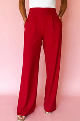 Pantalon droit ample à taille haute élastique rouge vif