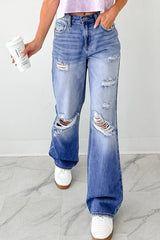 Jean Myosotis taille mi-haute effet vieilli à jambe droite