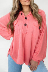 Pink Henley Top with Flap Pocket and Drawstring