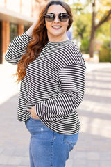Black Striped Drop Shoulder T-Shirt, Long Puff Sleeves, Crew Neck, Plus Size