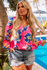 Chemisier à motif floral rose, col en V, manches ballon, grande taille-A WOMAN WE LOVE