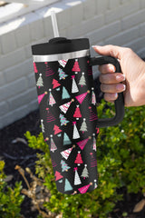 Black thermos cup print of cartoon Christmas tree 40oz