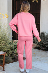 Sachet Solid Color Pink Patchwork Pullover and Cargo Pants Set