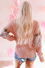 Pink Leopard Sequin Spliced Sleeve Textured Knit Top