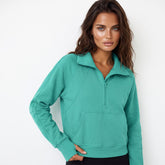 Aruba Blue Quarter Zip Sweatshirt with Stand Collar and Kangaroo Pocket