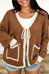 Cardigan ample à nouer à bordures contrastées et poches