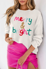 White relaxed sweater Merry & Bright with round neck