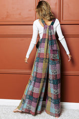 Multi-colored brushed plaid wide-leg overalls