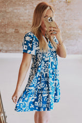 Blue floral loose dress with split collar and Ricrac border
