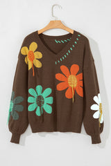 Pull marron à grandes fleurs et col V