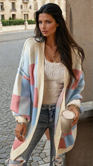 Light blue cardigan checked, drooping shoulders *