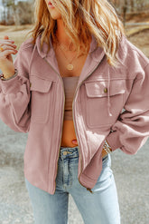 Zipped pink jacket with hooded and tightening cord with flap pocket
