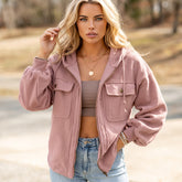 Zipped pink jacket with hooded and tightening cord with flap pocket