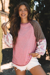Blouse patchwork en tricot côtelé à manches raglan et imprimé mixte Fushia-A WOMAN WE LOVE