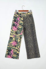 Jean multicolore à jambe droite en patchwork léopard contrasté à imprimé camouflage abstrait