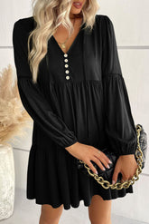 Black lace mini dress with puff sleeves and ruffles and buttons