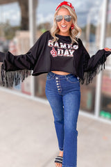GAME DAY Rugby Black Fringed Sequin Cropped Sweatshirt