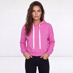 Sweat à capuche court à cordon de serrage uni rose *