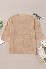 Pull beige clair à rayures contrastées et manches 3/4