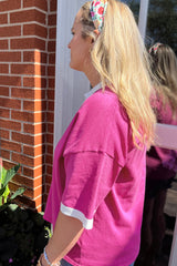 High pink with short sleeves and split collar *