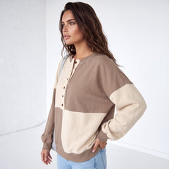 Sudadera de gran tamaño Henley High de gran tamaño con bloques de color pergamino